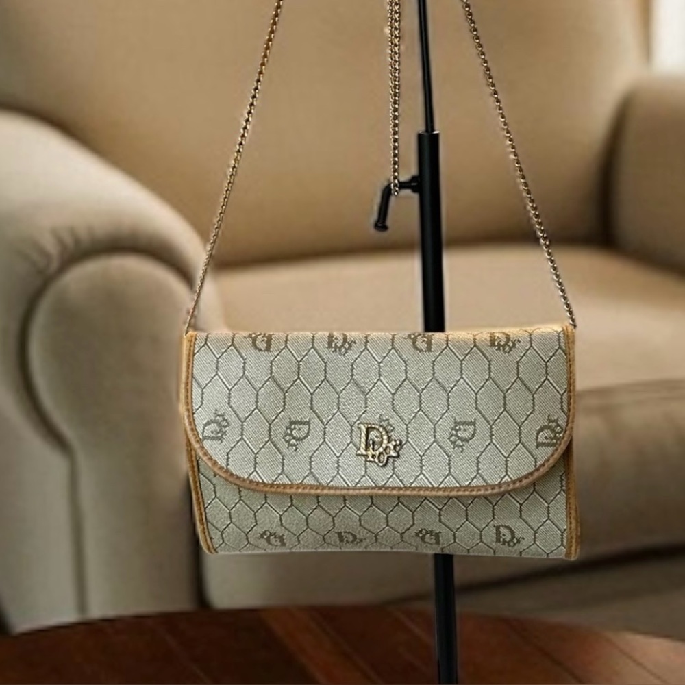 Dior Beige Vintage Honeycomb Canvas Chain Crossbody Bag